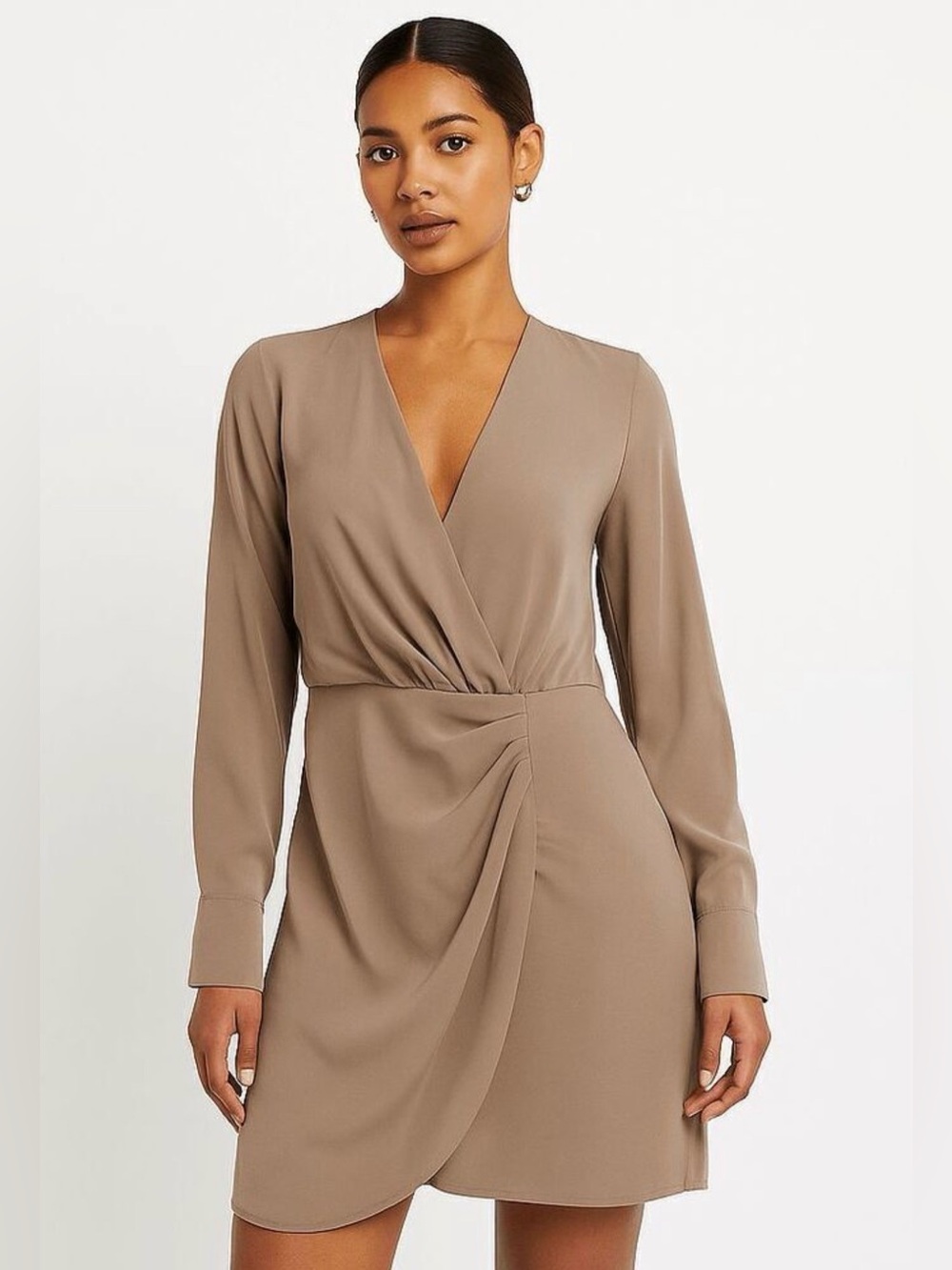 A&F Nude Tan Long Sleeve Faux Wrap Dress, Medium Tall